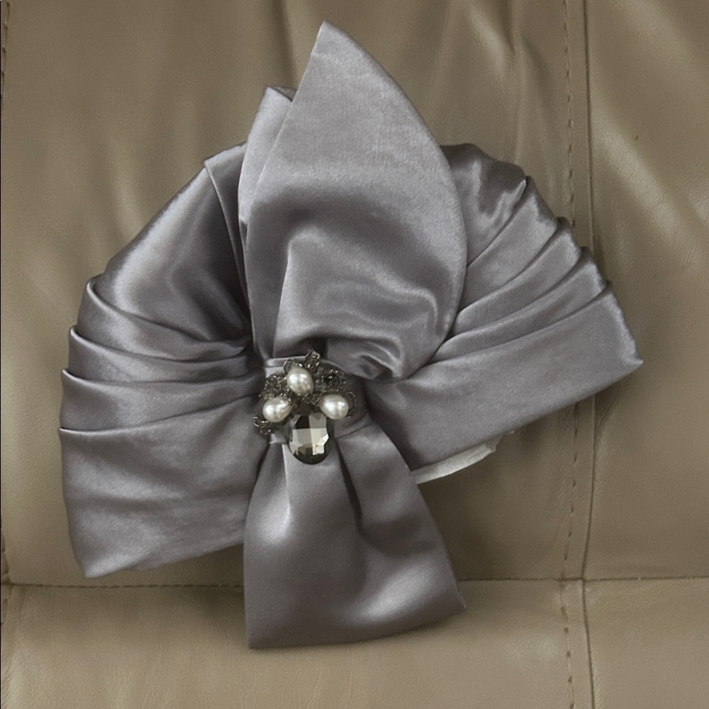 Midnight Velvet Silver Satin Hat with Pearl Accent